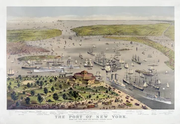 New Yorkin satama: Lintuperspektiivinäkymä akusta, etelään päin, pubi. 1878 (värilitografia)